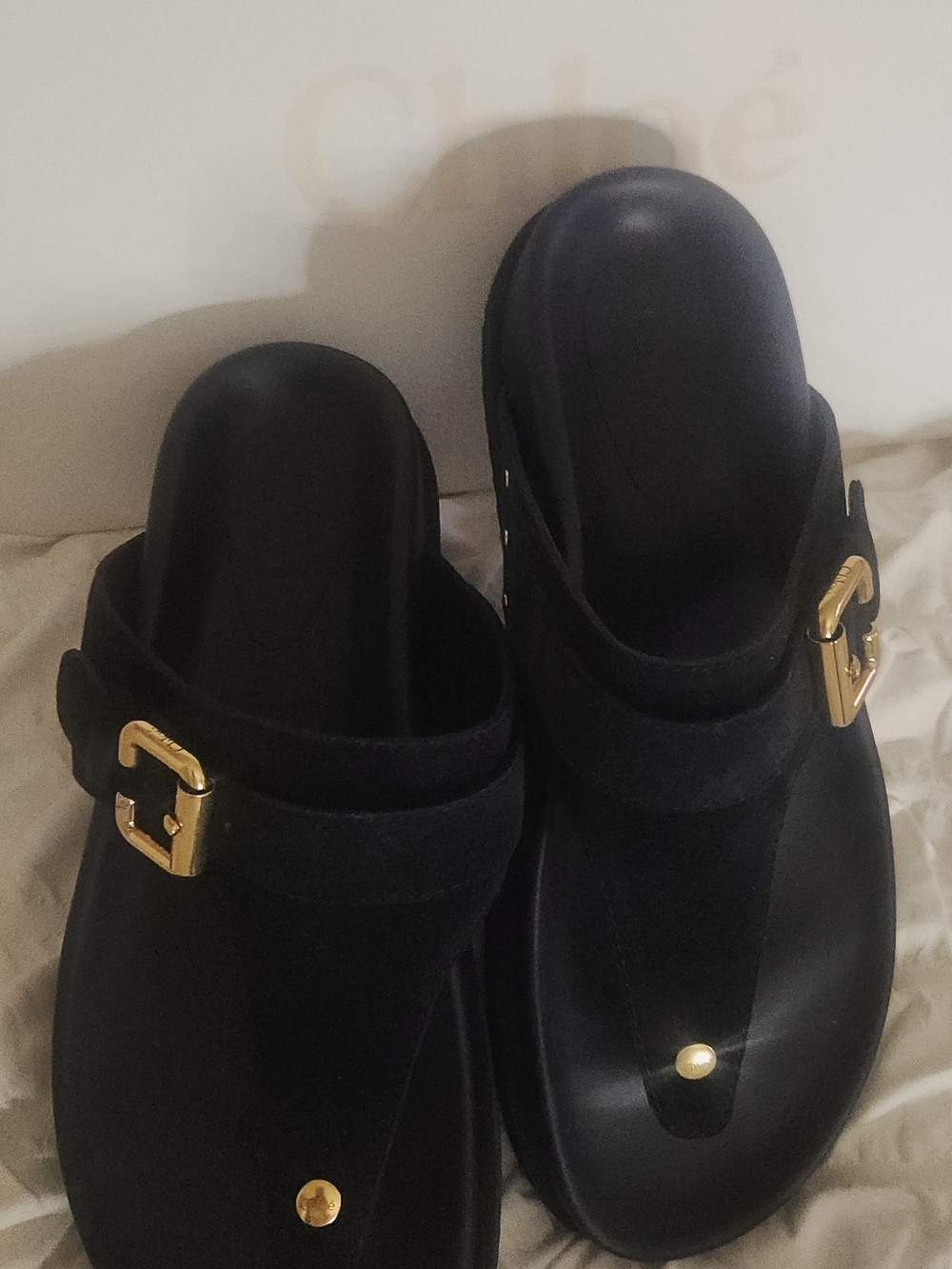 Chloé Black Suede & Leather Gold-Buckle Mules